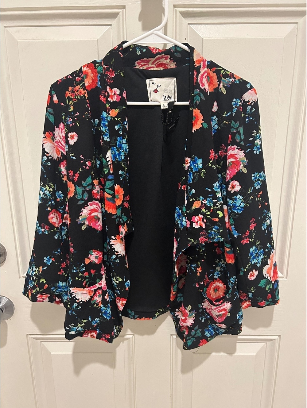 It Girl Y2K Floral Blazer Women’s L Multicolor Open Front 3/4 Sleeve Jacket